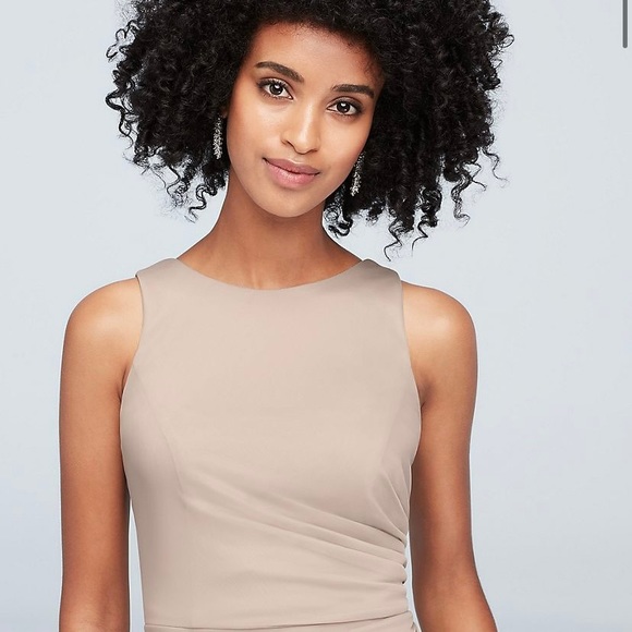 Steel Blue David’s Bridal High-Neck Ruched Mesh Bridesmaid Dress - Picture 2 of 16